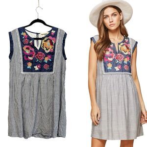 Savanna Jane Blue Multicolor Floral Embroidered‎ Sleeveless Mini Dress Womens S